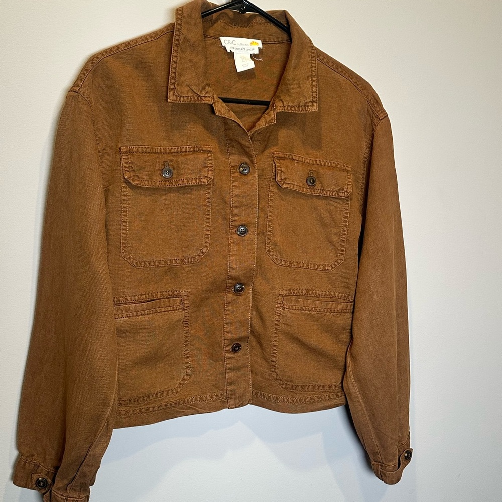 C & C California Women's Small Brown Button Linen Blend Jacket Lightweight